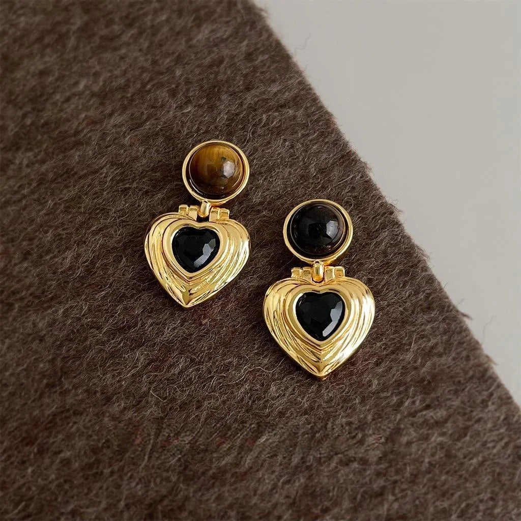 Vintage Maillard Style Tiger Eye Heart Geometric Zircon Drop Earrings