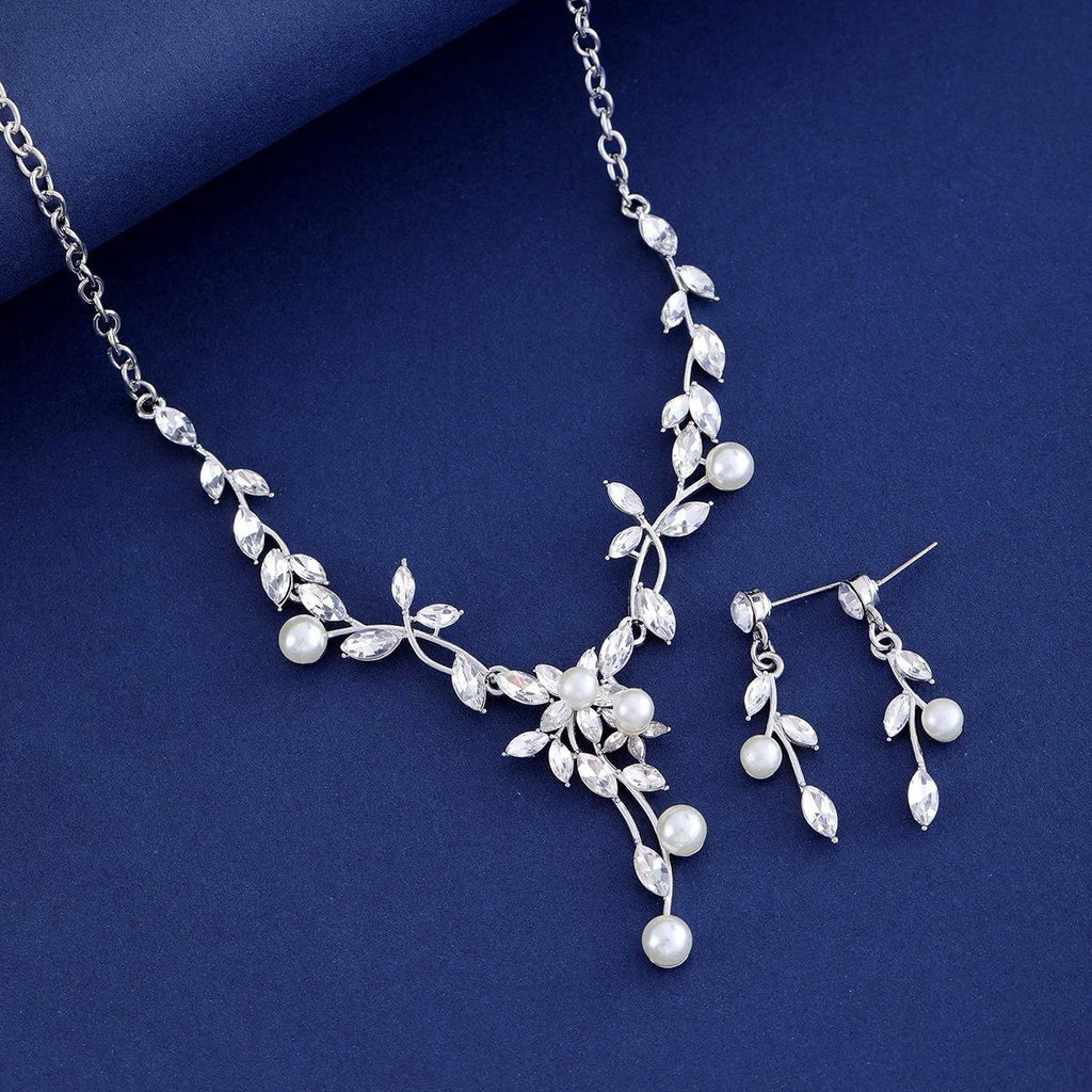 Elegant Bridal Zircon Crystal Pearl Vine Necklace And Earrings Jewelry Set For Wedding Party Gift