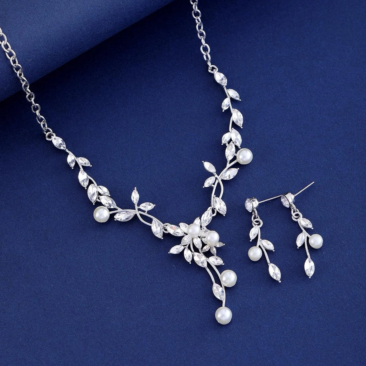 Elegant Bridal Zircon Crystal Pearl Vine Necklace And Earrings Jewelry Set For Wedding Party Gift