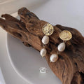 French Vintage Handmade Freshwater Pearl Beaded Tassel Stud Earrings With Hammered Metal Geometric Design