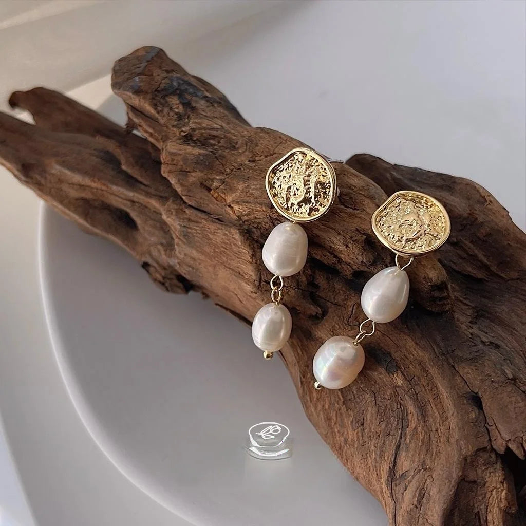French Vintage Handmade Freshwater Pearl Beaded Tassel Stud Earrings With Hammered Metal Geometric Design