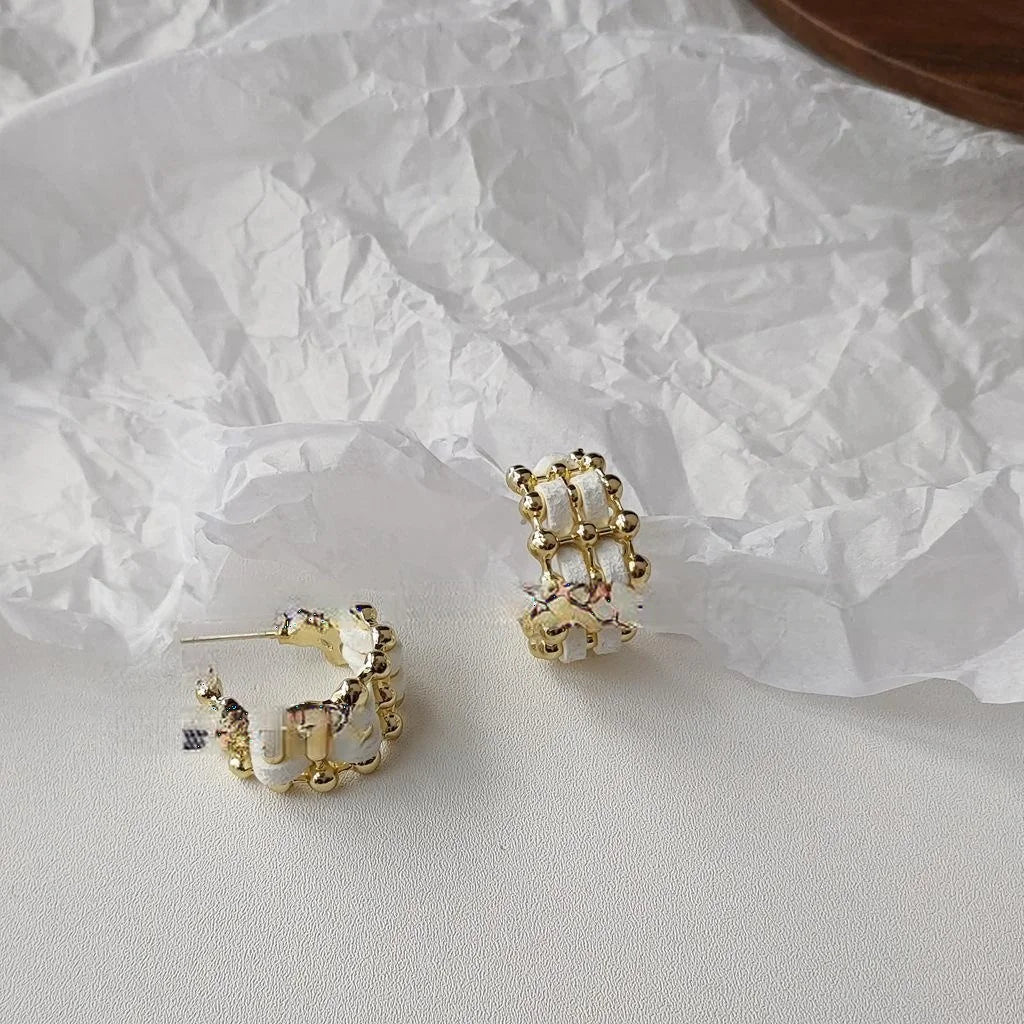 Silver Plated Metal Braided Hoop Stud Earrings For Women Vintage Geometric Office Style