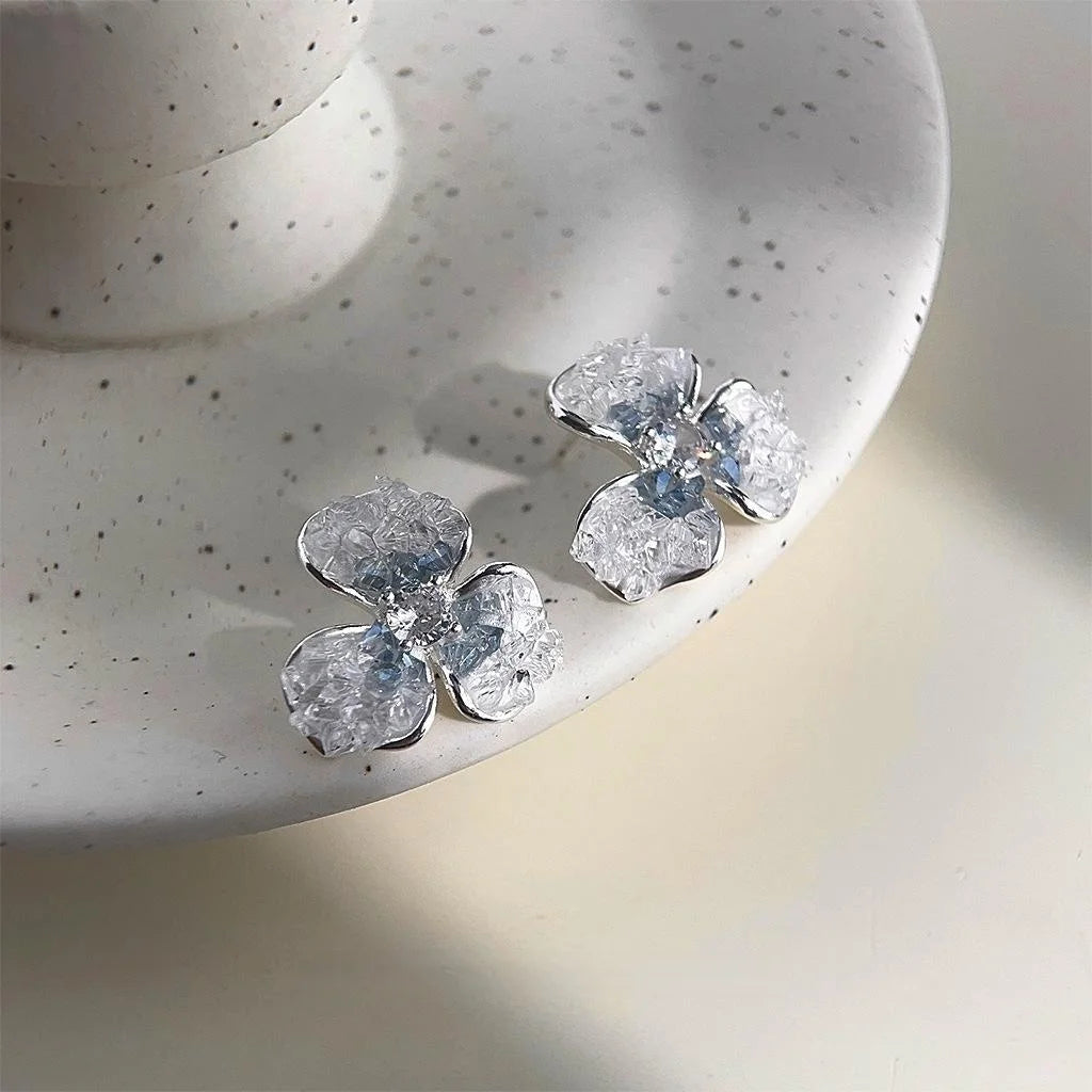 Elegant Iris Flower Drop Earrings Copper Micro Pave Zircon Glass Crystal Gradient Summer Jewelry