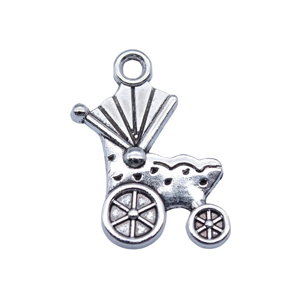 19x12mm 0.6g Antique Silver Zinc Alloy Baby Stroller Charm Pendant for DIY Baby Shower Jewelry Making