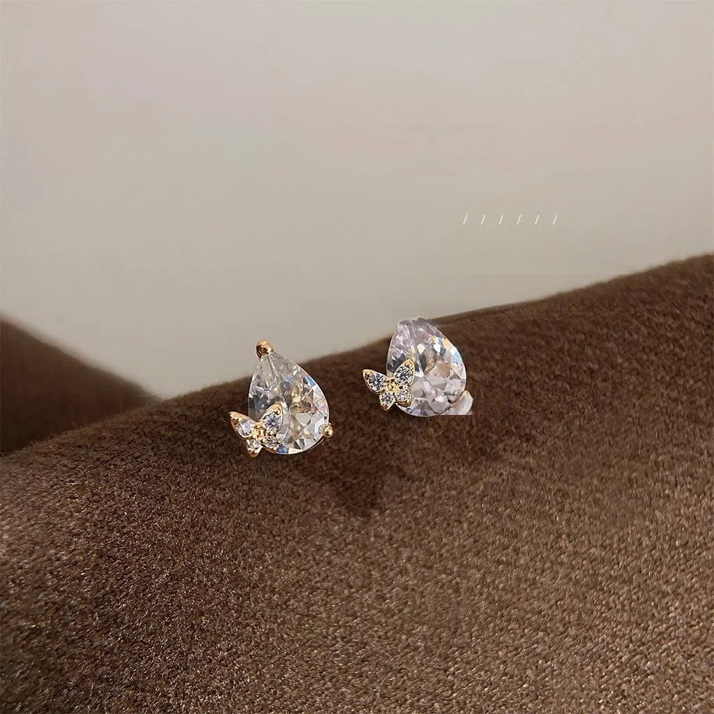 Sweet Butterfly Teardrop Zircon Copper Stud Earrings For Elegant Office Wear