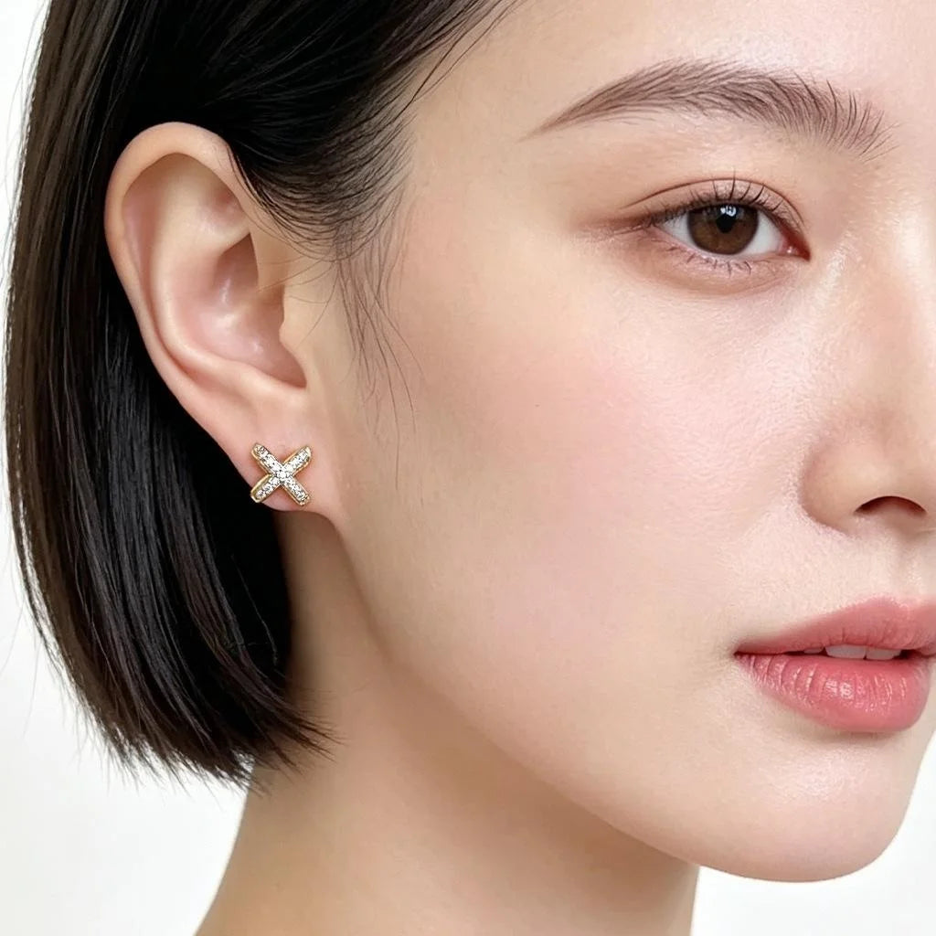 Copper Zircon Double Layer Cross Stud Earrings, Minimalist French Geometric Korean Style