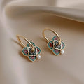 New Chinese Ethnic Octagon Enamel Pearl Stud Earrings Geometric Electroplated Jewelry