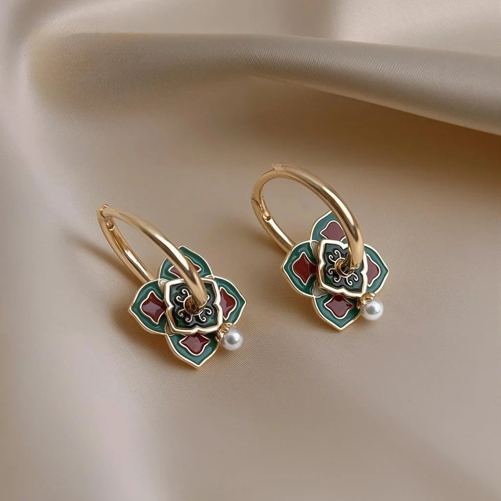 New Chinese Ethnic Octagon Enamel Pearl Stud Earrings Geometric Electroplated Jewelry