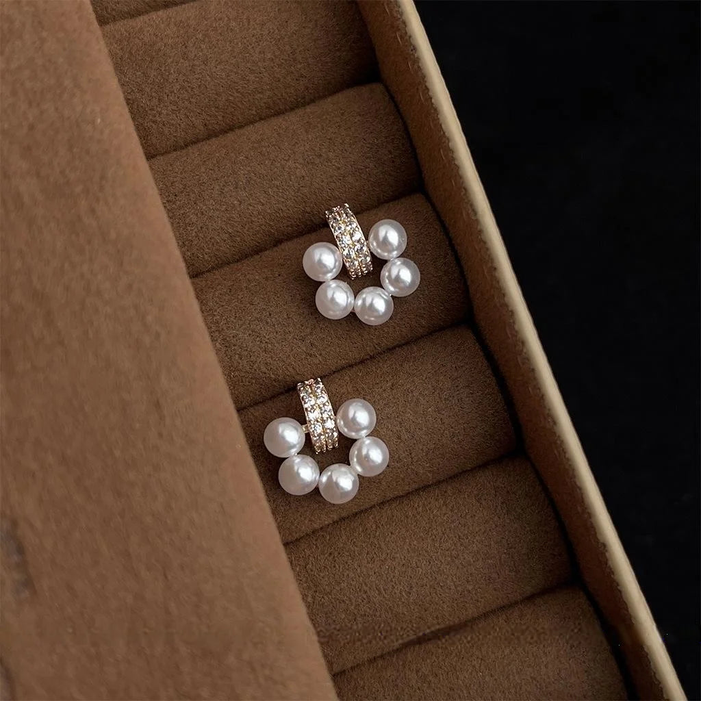 French Elegant Eco Copper Micro Pave Zircon Flower Round Pearl Stud Earrings For Women