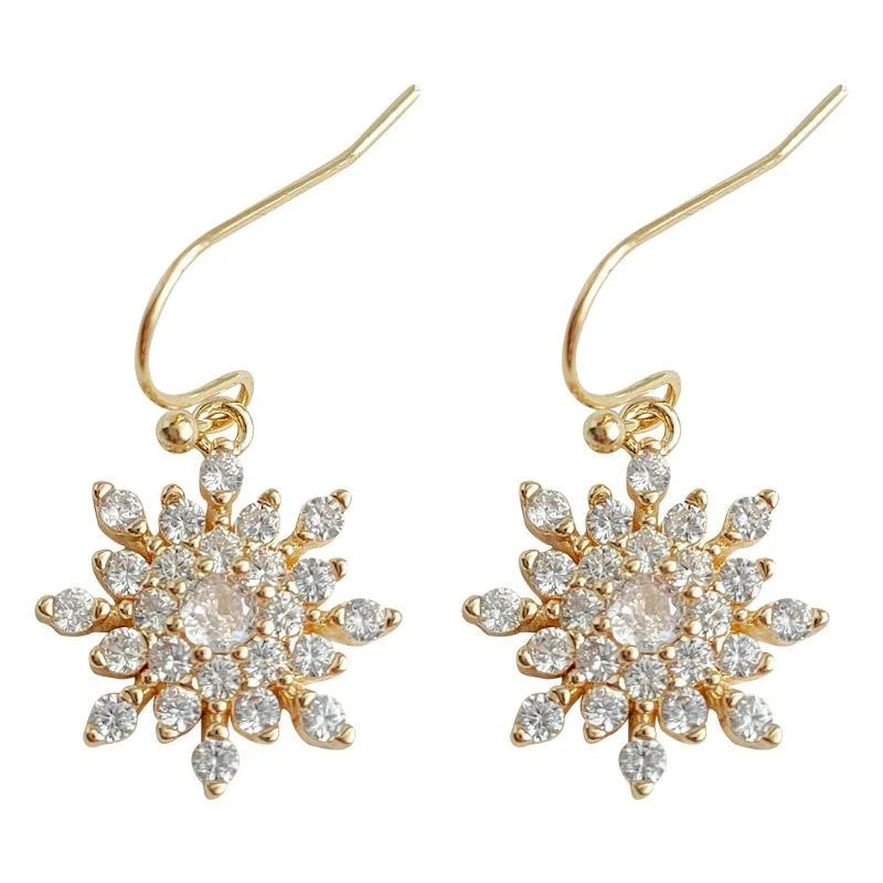 14K Gold Plated Copper Snowflake Micro Pave Zircon Drop Earrings Elegant Luxury Style