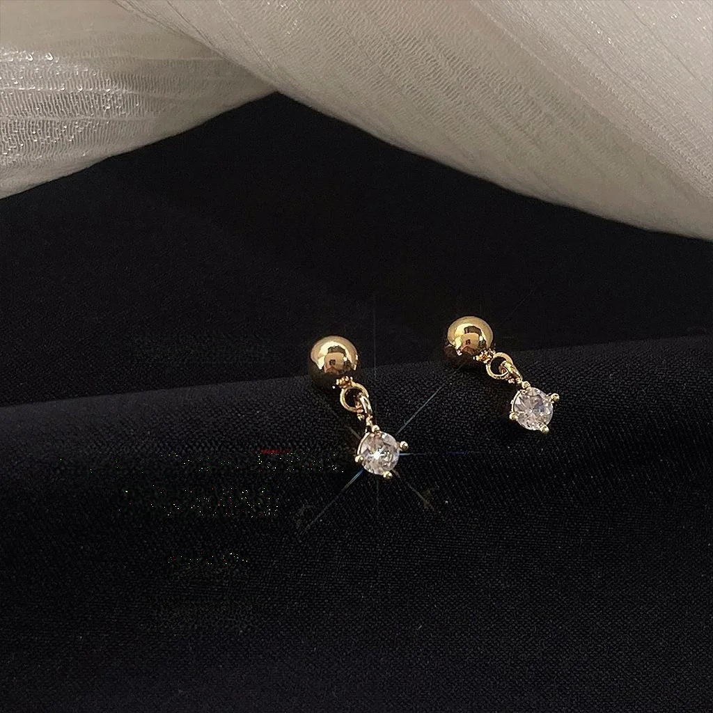 Mini 14K Gold Plated Copper Zircon Stud Earrings, Simple Geometric Round Polka Dot Jewelry
