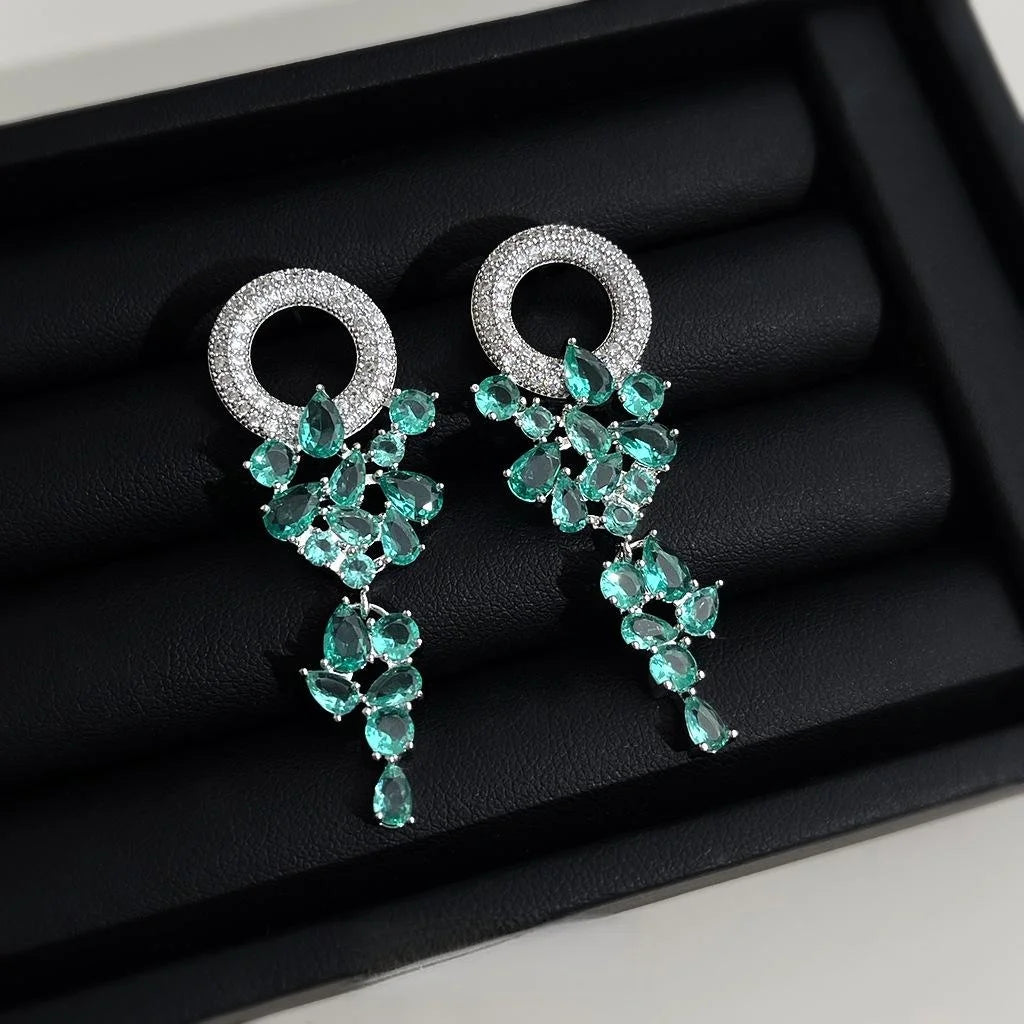 Blue Green Grape Zircon Copper Tassel Drop Earrings With Silver Plated Pins
