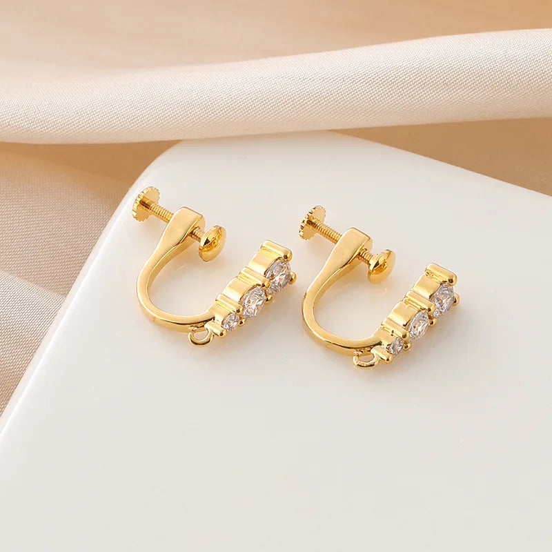 Elegant Gold Alloy Zircon Triple Stone Mini Hoop Stud & Clip On No Piercing Screw Back Earrings