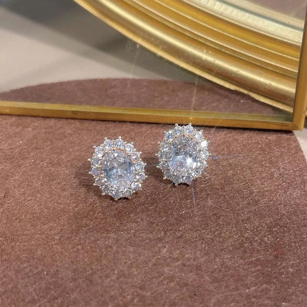 French Style Luxury Micro Pave Zircon Oval Copper 14K Plated Stud Earrings