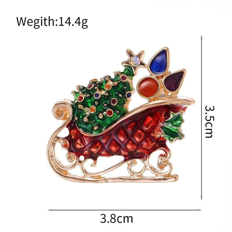 Elegant Enamel Rhinestone Christmas Tree Sleigh Brooch, Gold Tone Alloy Lapel Pin Corsage Gift
