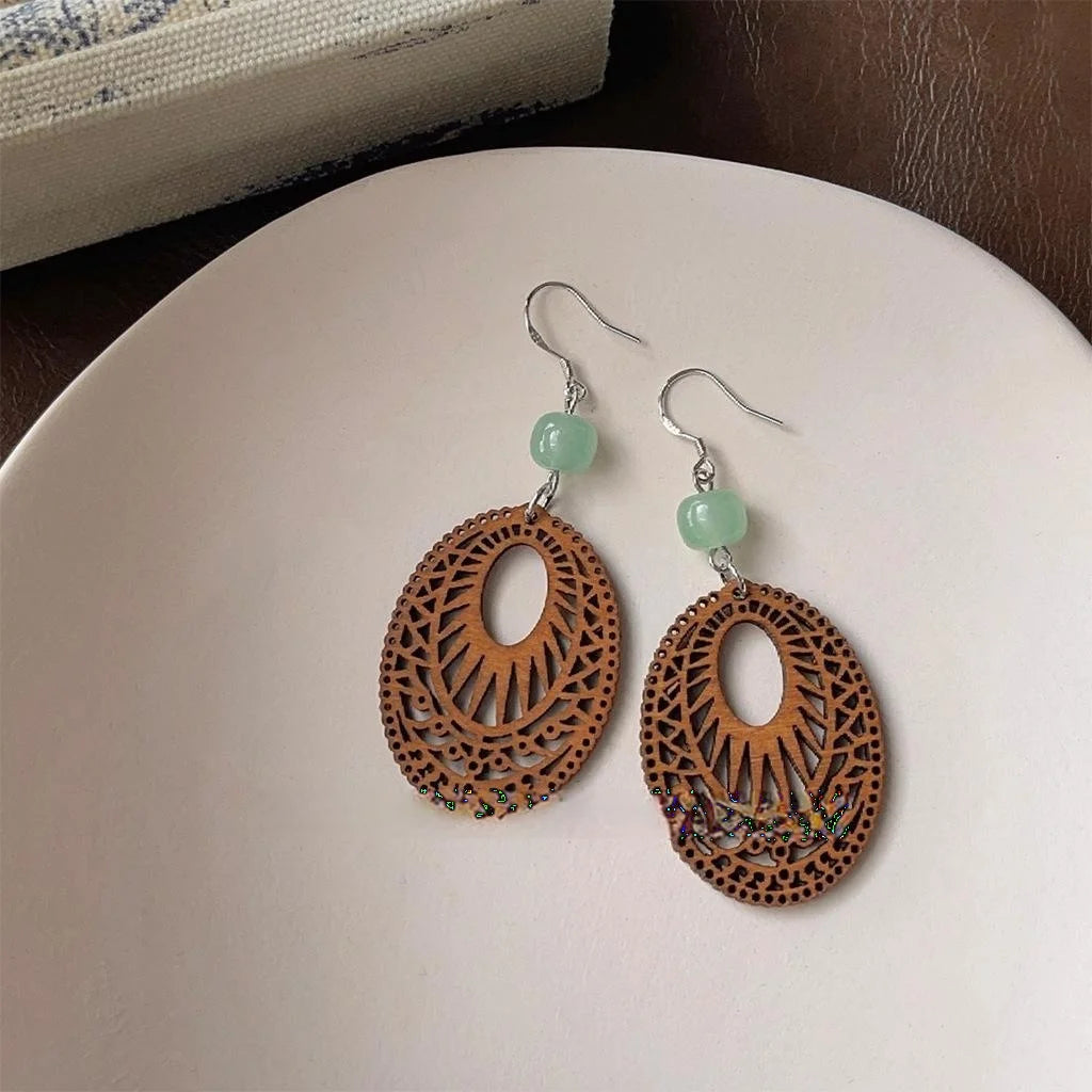 New Chinese Style Wood And Aventurine Jade Geometric Oval Ethnic Vintage Drop Earrings