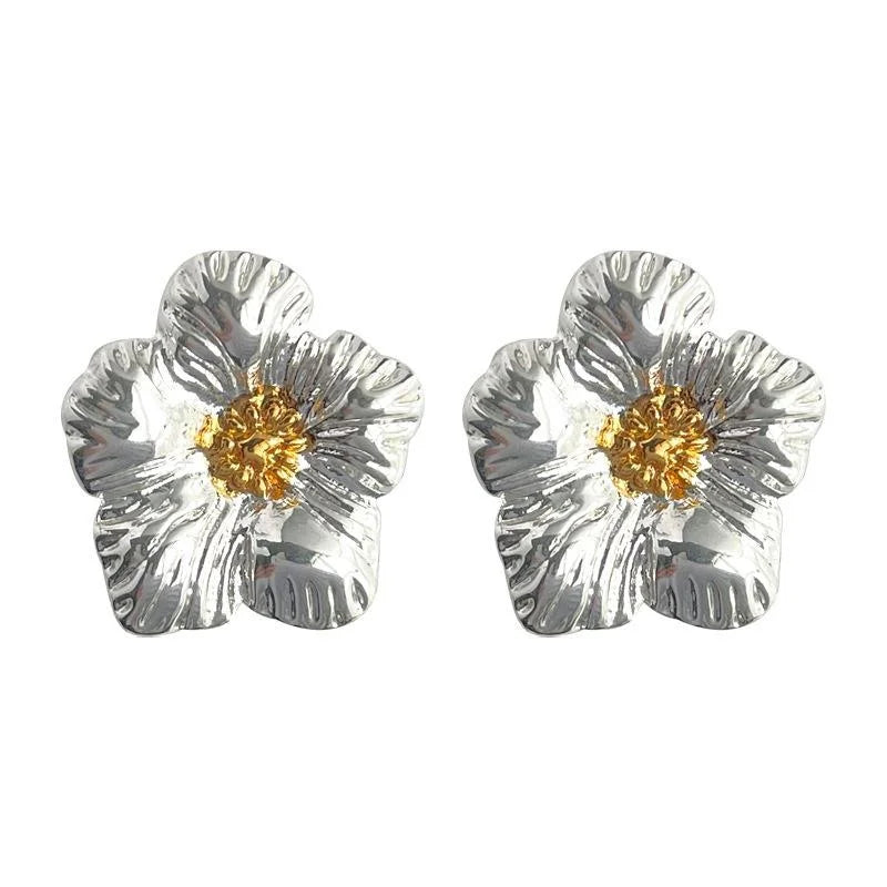 Two Tone Plated Eco Copper Textured Gardenia Flower Stud Earrings Sweet Cool Commuter Jewelry
