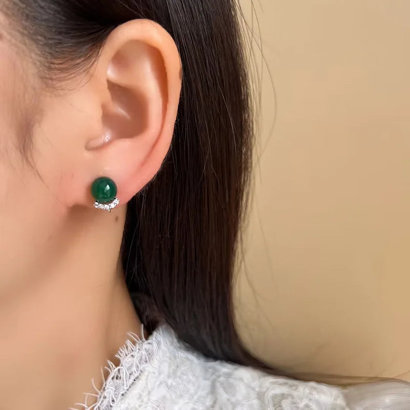Vintage Chinese Style Green Agate Round Bead Rhinestone Spiral Stud & Clip On No Piercing Earrings