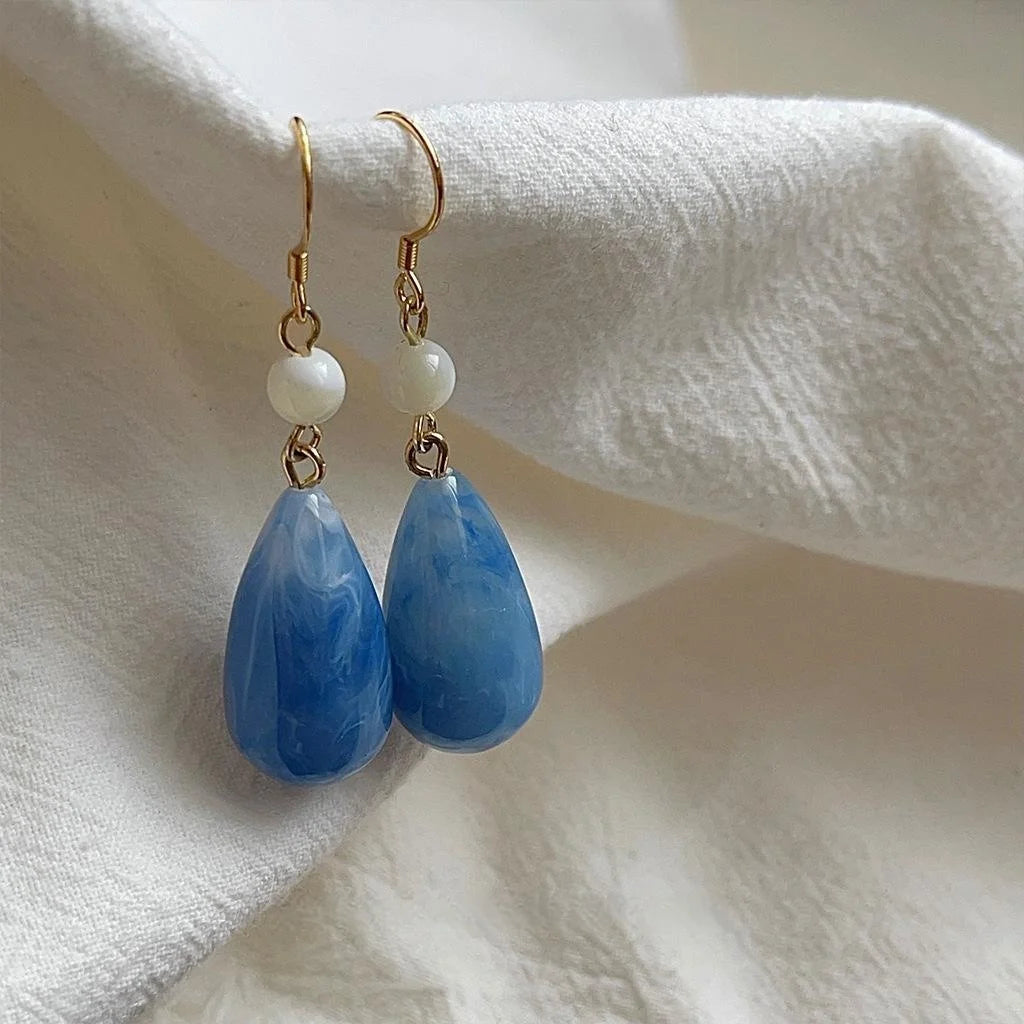 Original Design Haze Blue Handmade Gradient Teardrop Copper Drop Earrings, New Chinese French Vintage Style