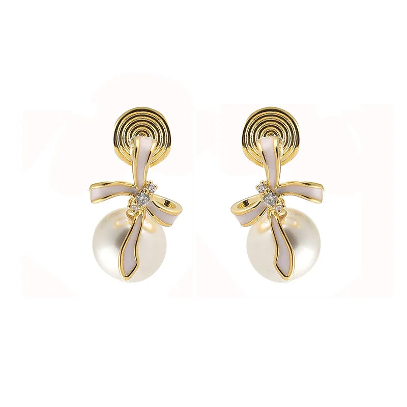 Elegant Enamel Bow Pearl Rhinestone Stud & Clip On No Piercing Gold Alloy Sweet Drop Earrings
