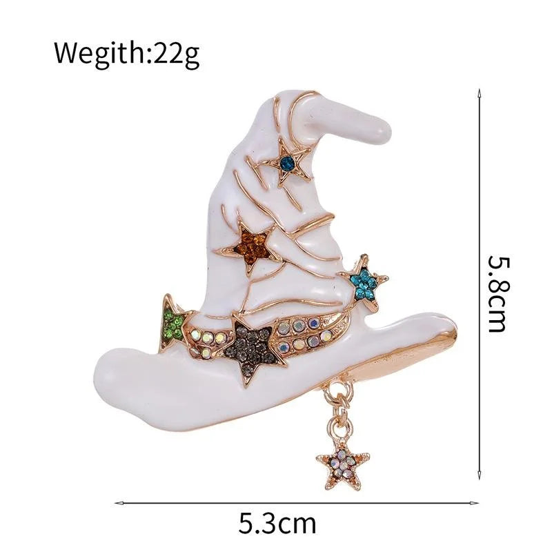 Vintage White Enamel Wizard Hat Brooch With Rhinestone Stars, Halloween Alloy Lapel Pin Gift