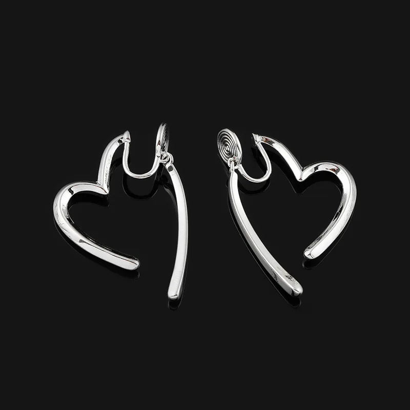 Elegant Silver Alloy Heart Hoop Stud & Clip On No Piercing Back Hanging Minimalist Earrings