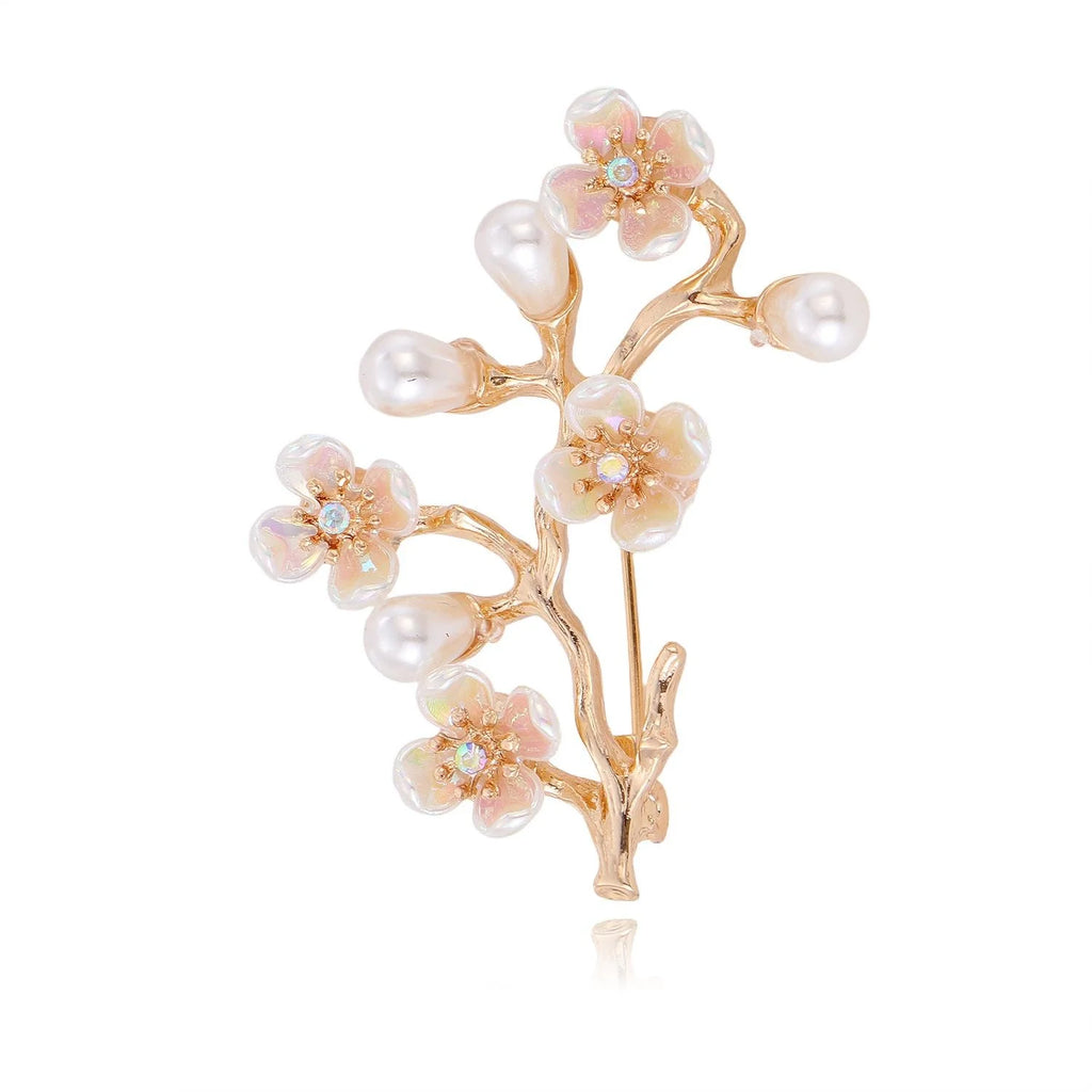 Elegant Peach Blossom Branch Brooch With Faux Pearl And Rhinestone Flowers, Gold Alloy Lapel Pin Gift