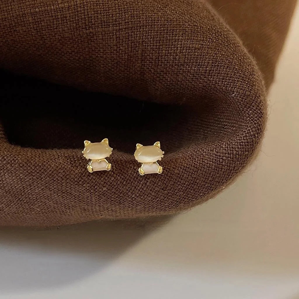 Mini Cute Cat Stud Earrings 14K Plated Copper Simple Style Jewelry For Women