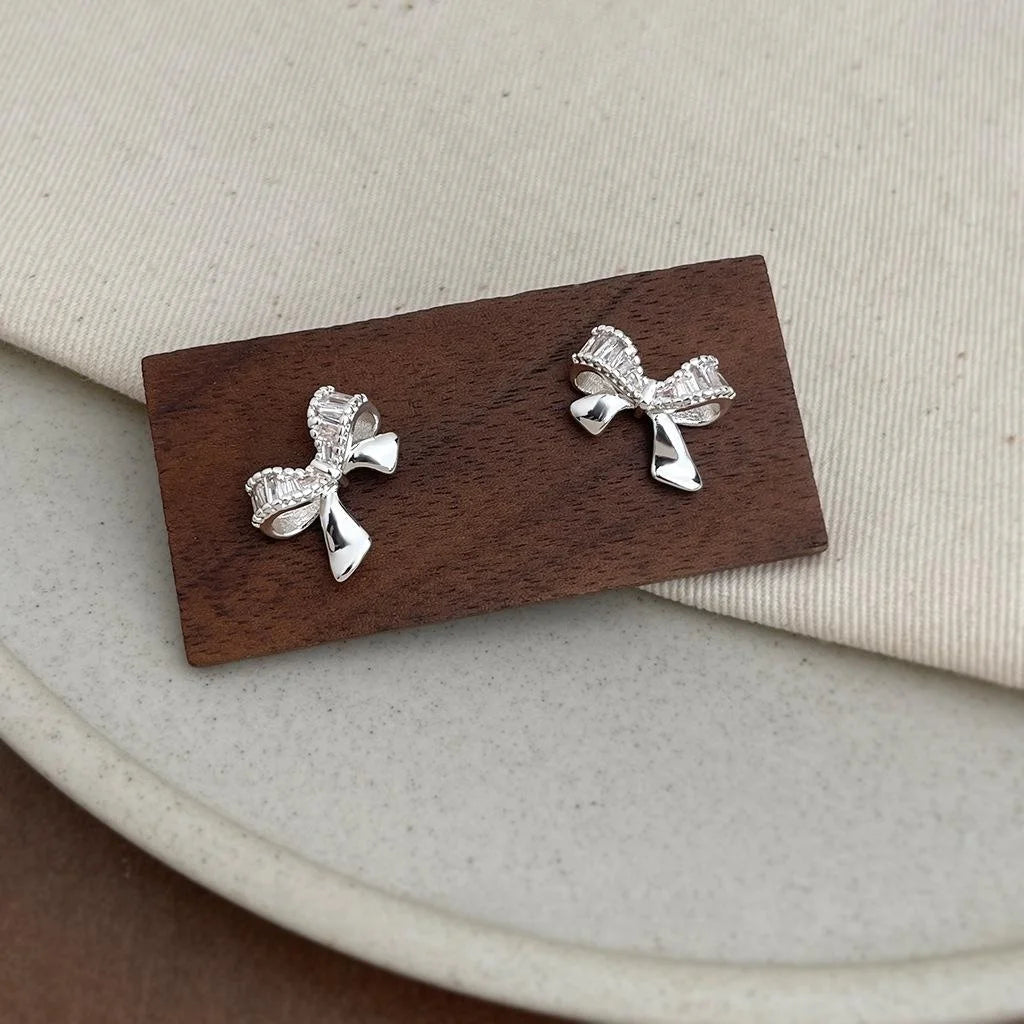 14K Gold Plated Copper Micro Pave Zircon Bow Stud Earrings Light Luxury Minimalist Jewelry