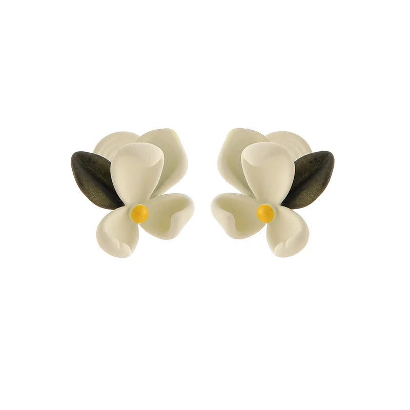Elegant White Enamel Gardenia Flower Stud & Clip On No Piercing Matte Petal Summer Fashion Earrings