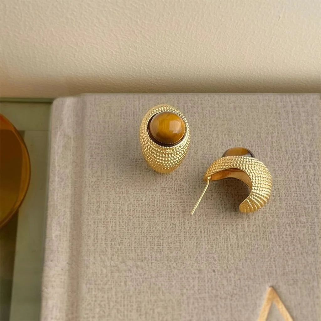 Vintage 14K Plated Copper Natural Tiger Eye Teardrop Geometric Drop Earrings