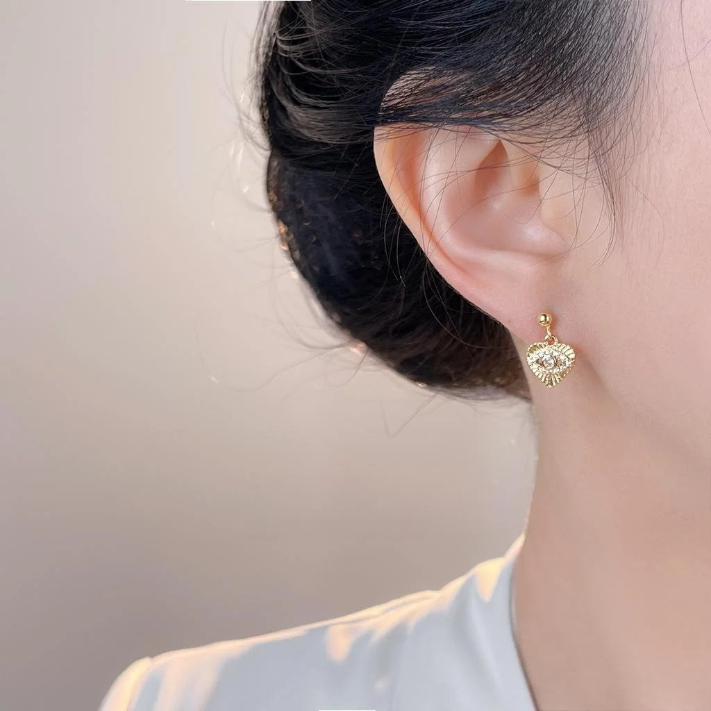 Mini Vintage Copper Zircon Eye Heart Stud Earrings Minimalist Fashion Jewelry