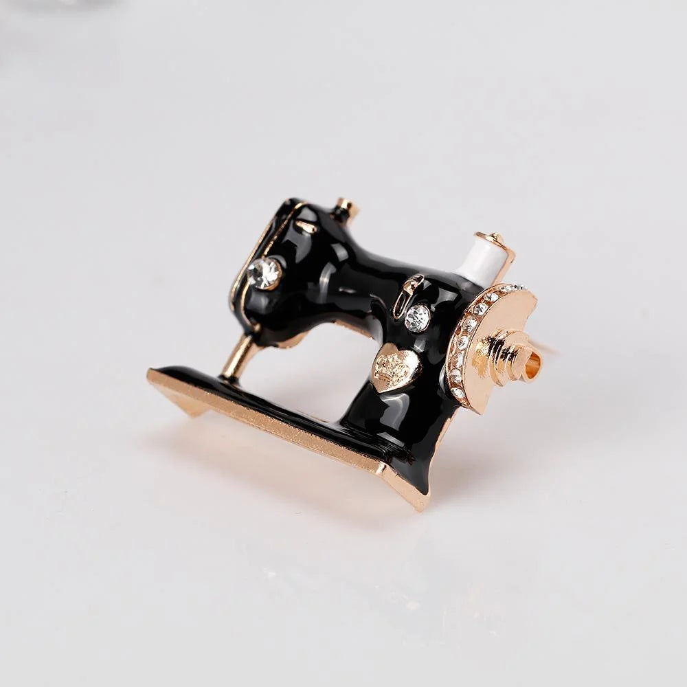 Vintage Black Enamel Sewing Machine Brooch With Rhinestones, Alloy Luxury Lapel Pin Suit Accessory Gift