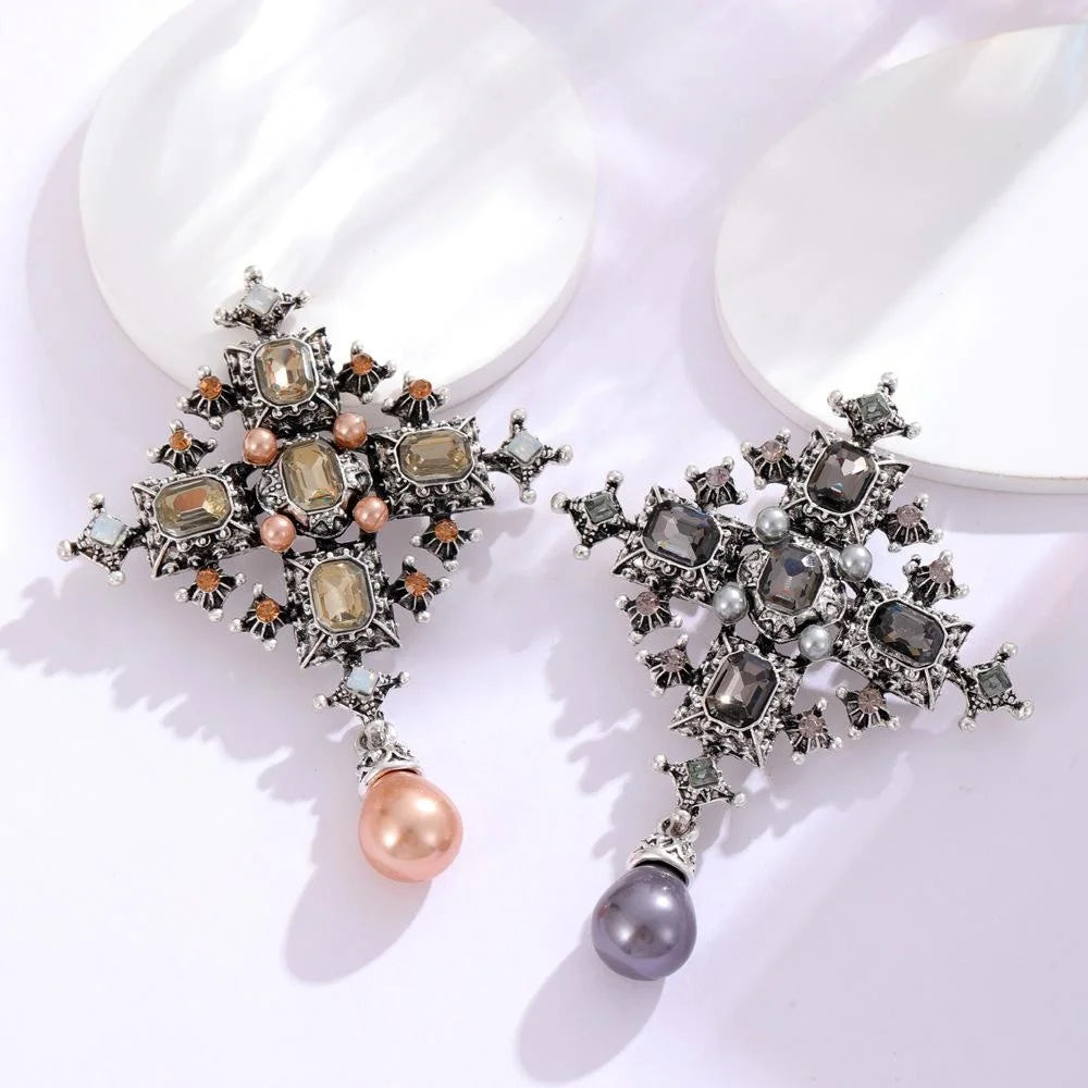 Vintage Baroque Cross Brooch With Rhinestones And Pink Pearl Drop, Elegant Alloy Lapel Pin Suit Accessory