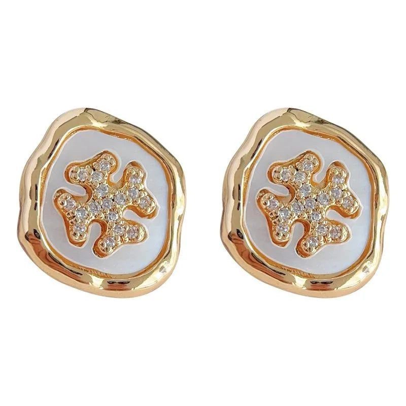 Light Luxury Natural Shell Flower Stud Earrings, Irregular Geometric Copper