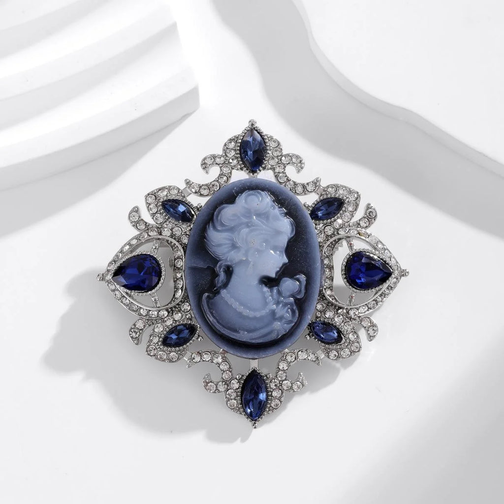 Vintage Lady Cameo Portrait Brooch With Blue Rhinestones, Elegant Alloy Lapel Pin Suit Accessory Gift