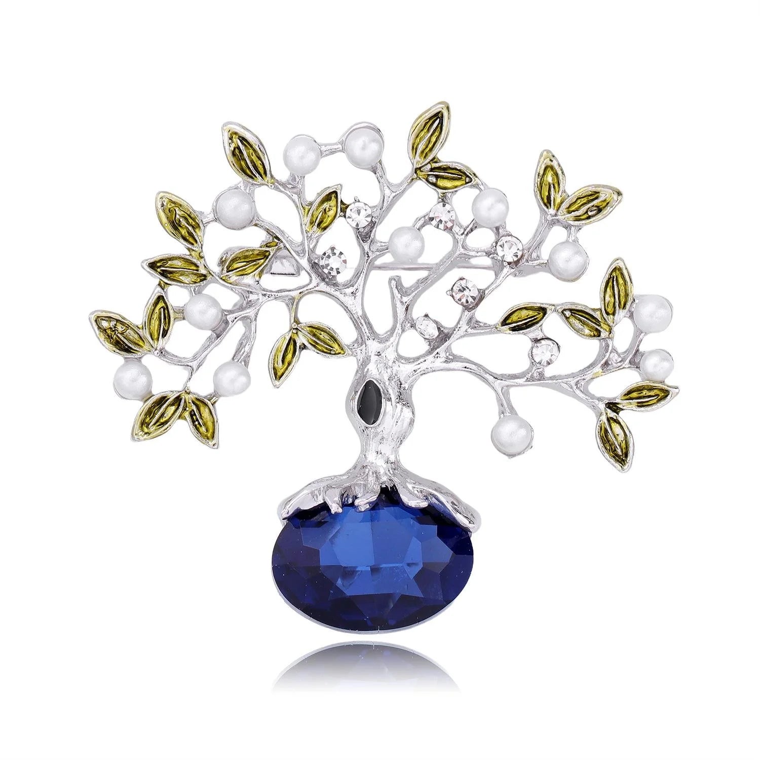 Elegant Fortune Tree Brooch With Pearls, Rhinestones And Red Crystal, Gold Alloy Lapel Pin Corsage Gift