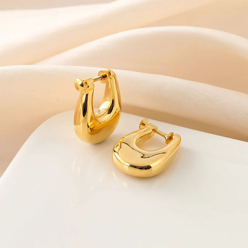 Elegant Gold Alloy Geometric Teardrop Hoop Stud & Clip On No Piercing Minimalist Ear Cuff Earrings
