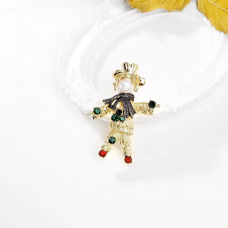 Vintage Scarecrow Pearl Rhinestone Brooch, Gold Alloy Straw Man Lapel Pin For Suit Accessory Gift