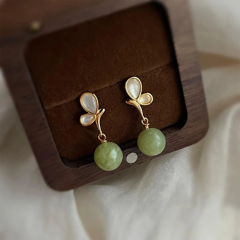 14K Gold Plated Copper Shell Natural Stone Butterfly Drop Earrings Light Luxury Handmade Jewelry