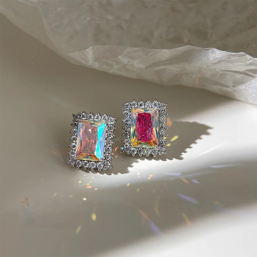 Luxury Geometric Square Zircon Stud Earrings Copper Colorful Sparkle Women's Jewelry