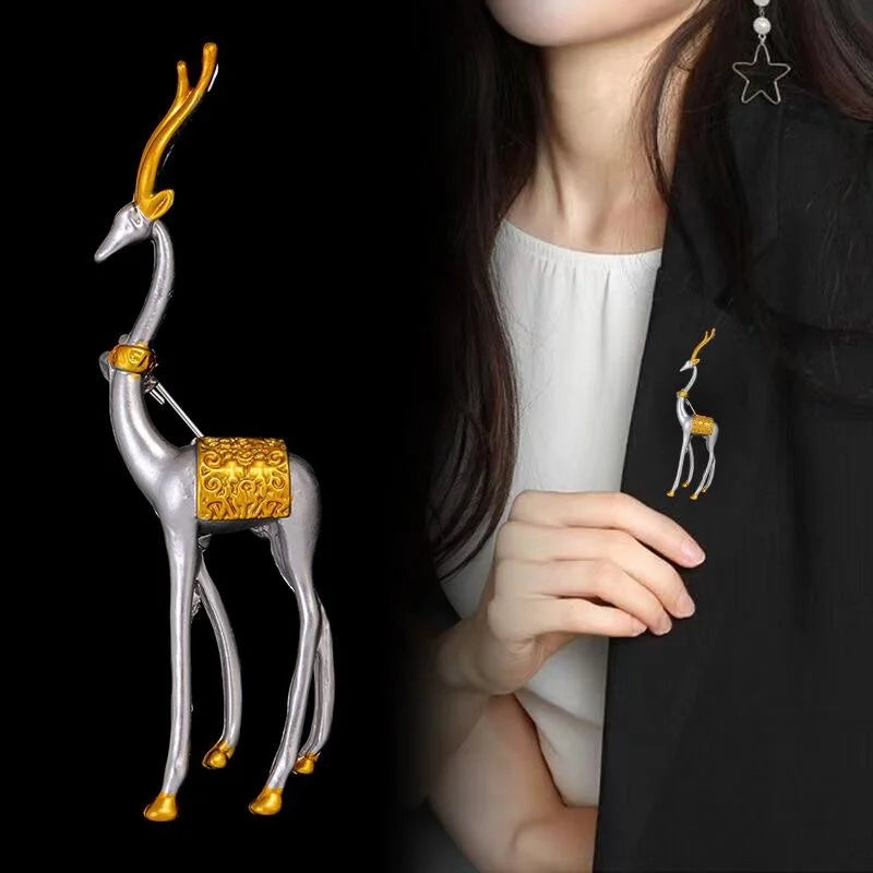 Elegant Silver Gold Alloy Elk Deer Brooch For Women, Animal Lapel Pin Corsage Suit Accessory Gift