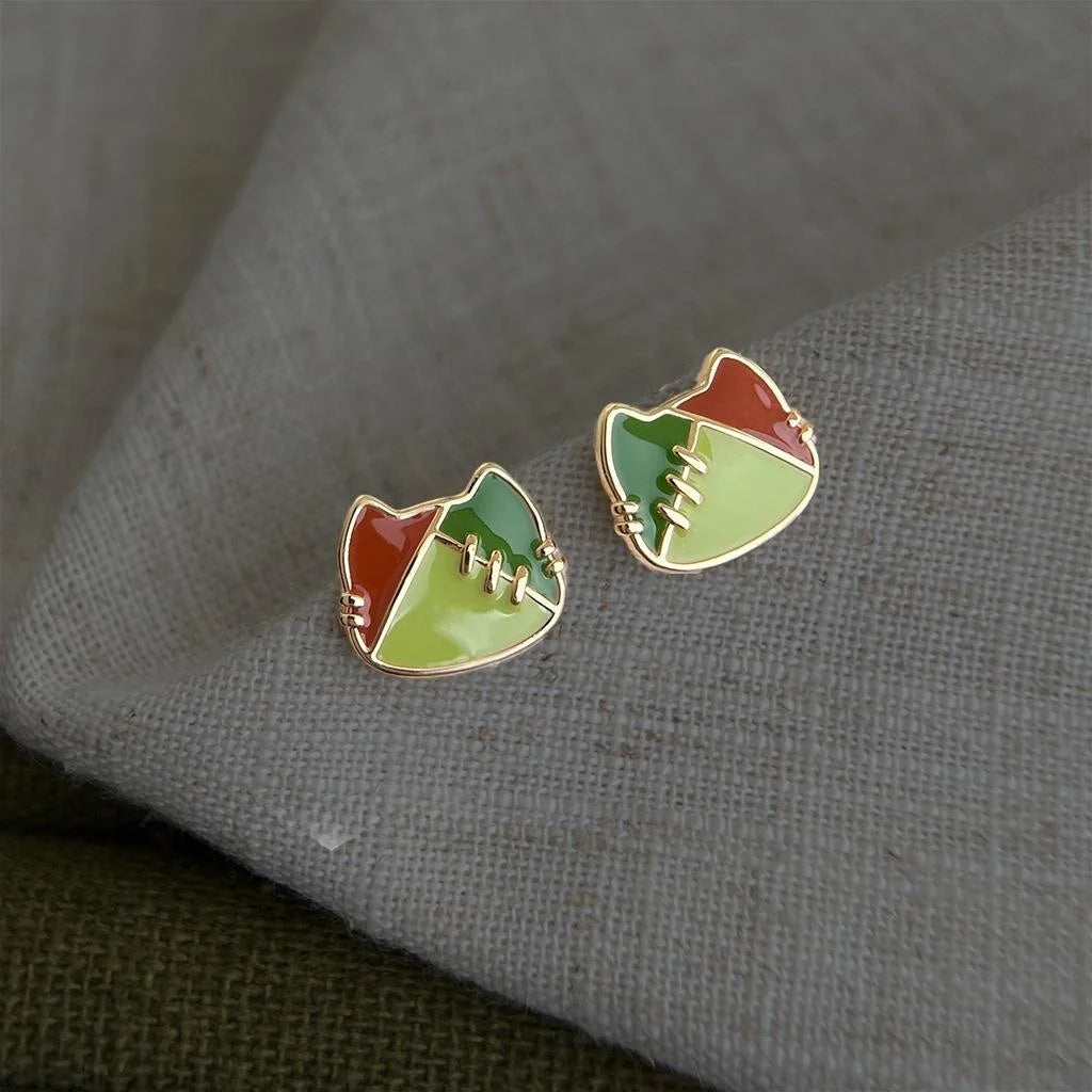 Handmade Painted Enamel Cat Head Stud Earrings Eco Copper Cute Artistic Jewelry