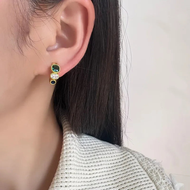 Elegant French Contrast Green Zircon Gold Alloy Spiral Coil Hoop Stud & Clip On No Piercing Earrings