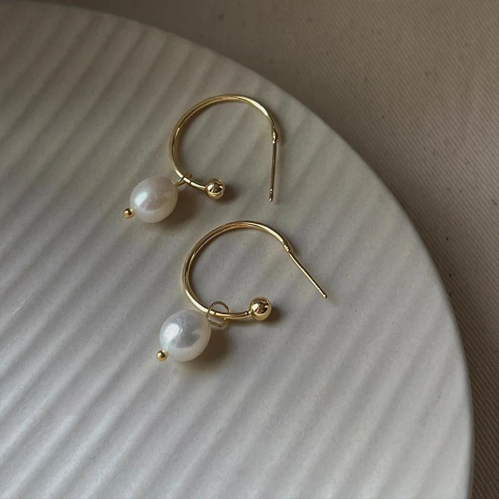 14K Gold Plated C Shape Freshwater Pearl Hoop Earrings Korean Versatile Style