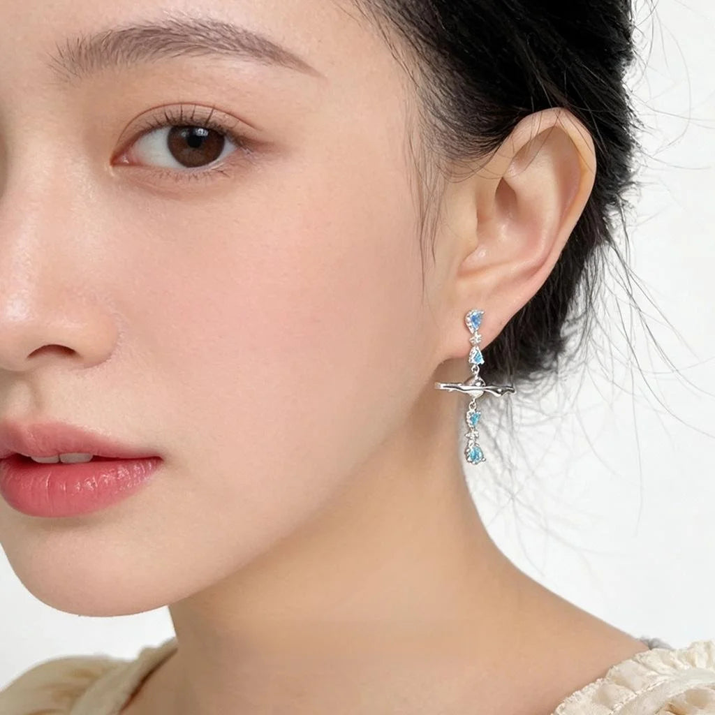 Sweet Ocean Geometric Copper Zircon Drop Earrings With Aquamarine Planet Star Ring Design