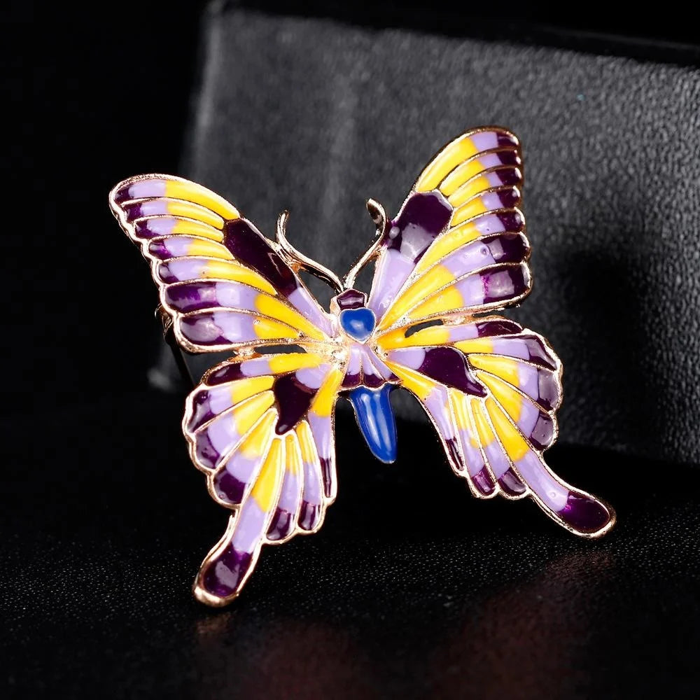 Elegant Enamel Butterfly Brooch With Purple Yellow Wings, Alloy Insect Lapel Pin Corsage Suit Accessory