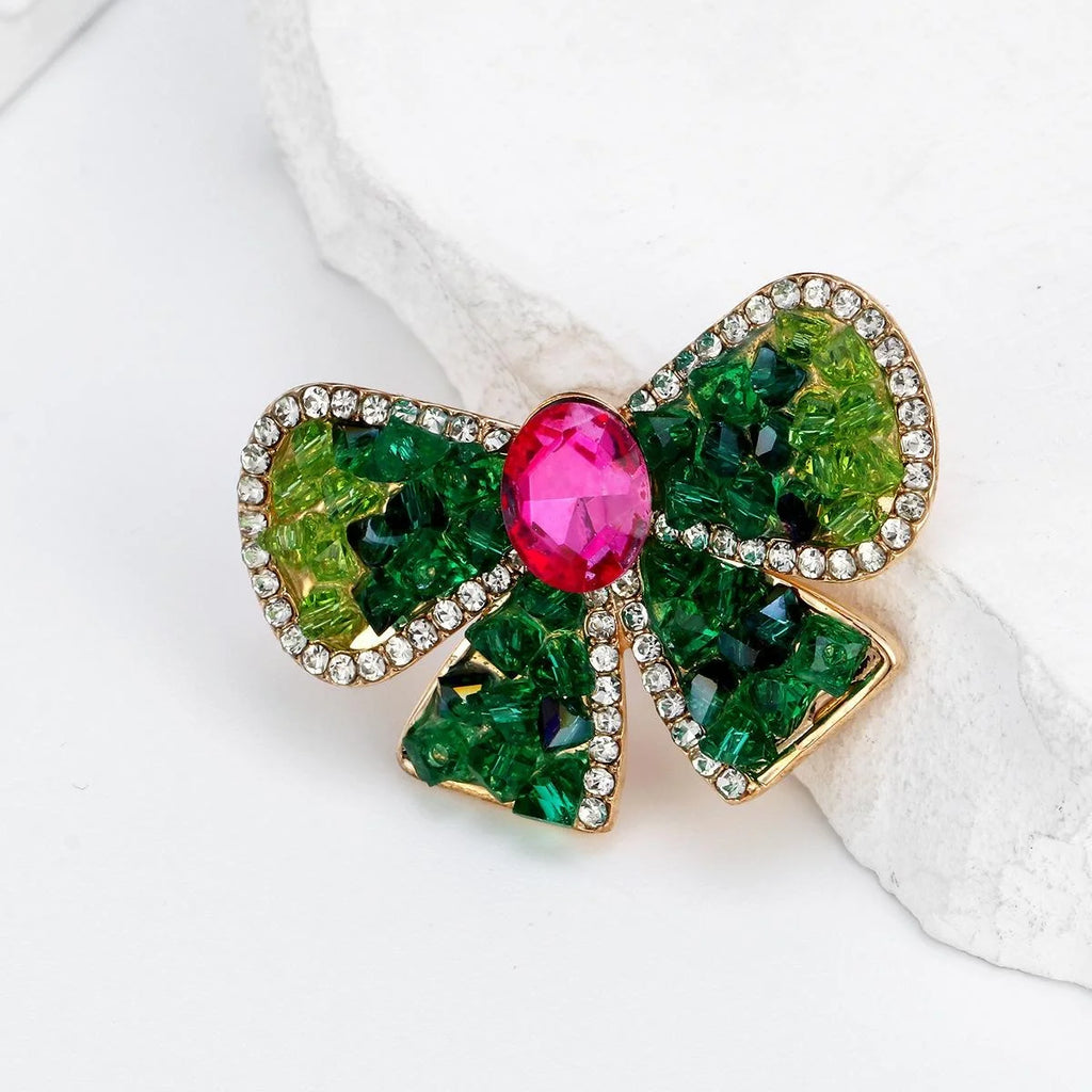 Elegant Emerald Green Crystal Bow Brooch With Rhinestone Trim, Luxury Lapel Pin Corsage Suit Accessory