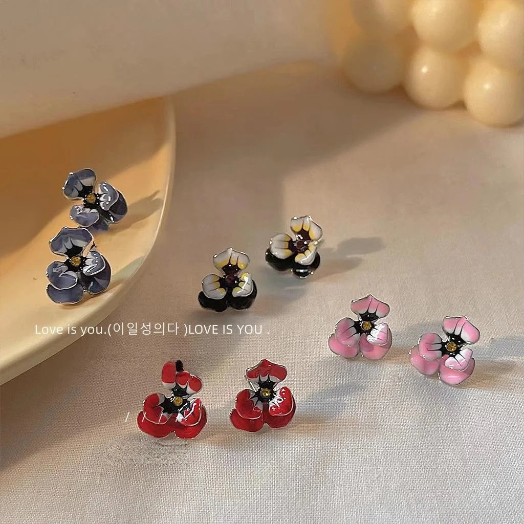 Copper Enamel Glazed Flower Stud Earrings With Silver Plated Pins Korean Japanese Vintage Style