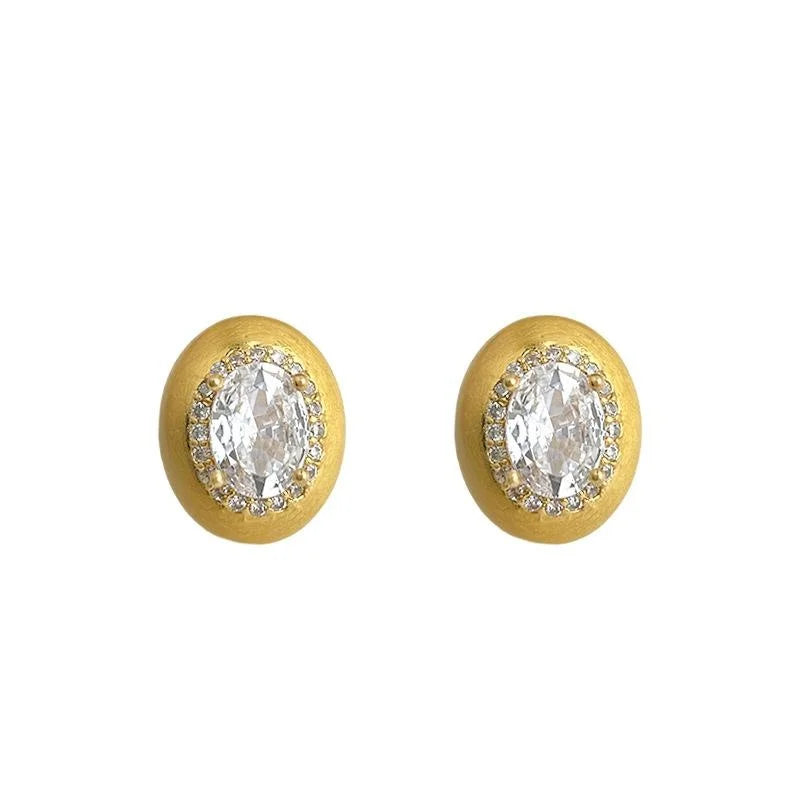 14K Gold Plated Copper Oval Geometric Micro Pave Zircon Stud Earrings, Brushed Light Luxury